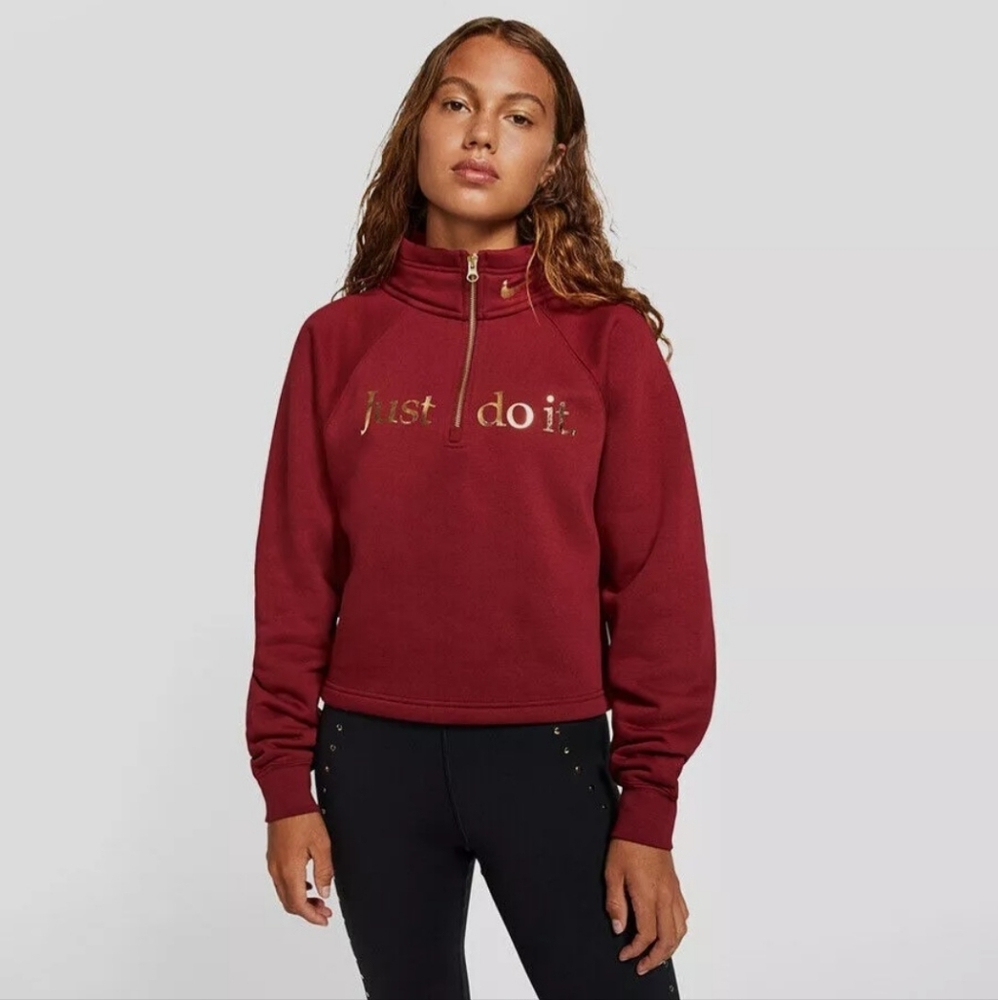 Nike Maroon and Gold Cropped Quarter Zip "Just Do It" Sweater